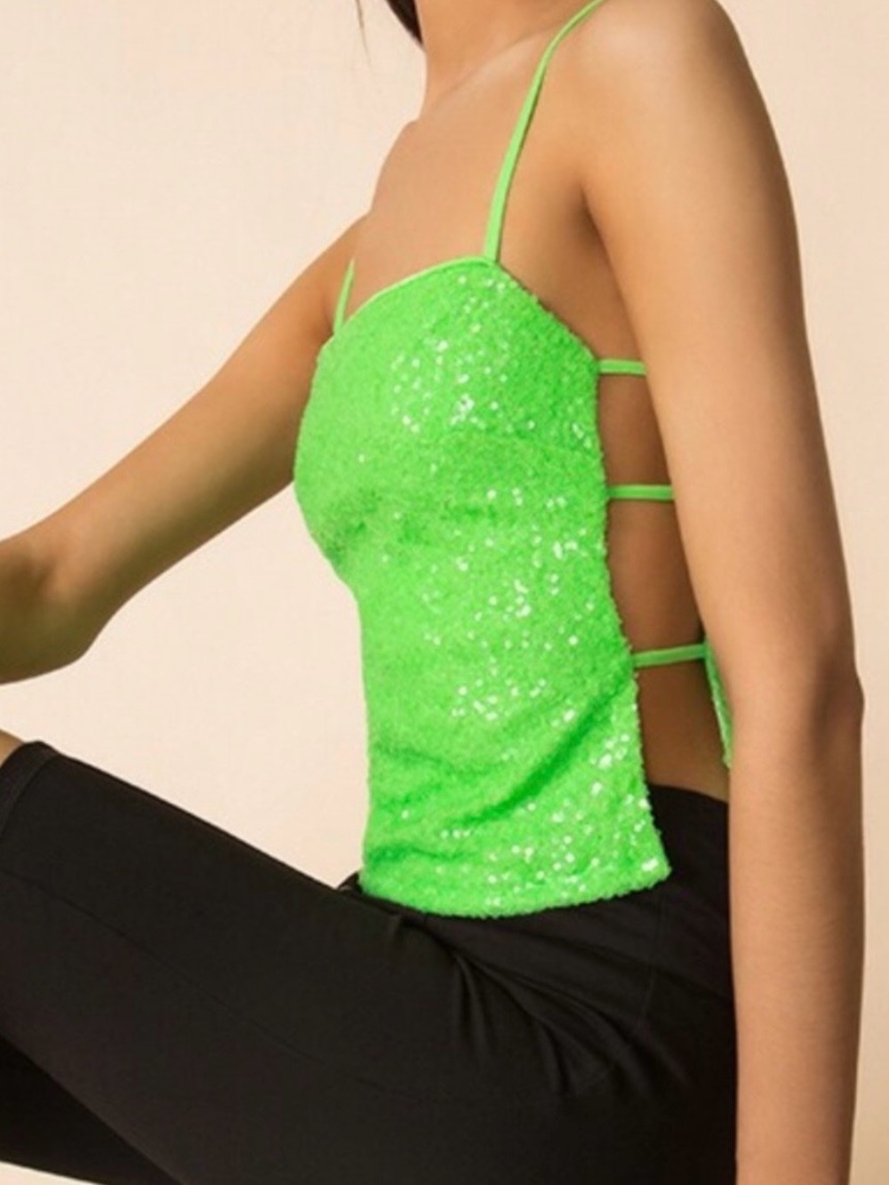 Superdown Kait Cut Out Cami in Lime Sequin